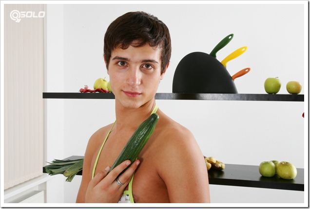 Young cook masturbates in kitchen